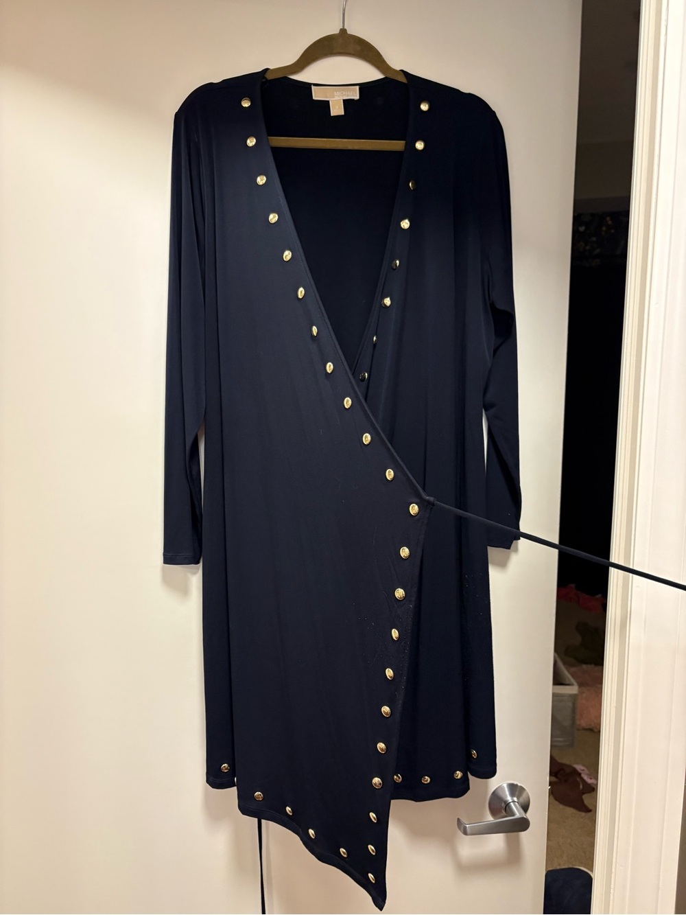 Michael Kors Navy Wrap Dress with Gold Studs